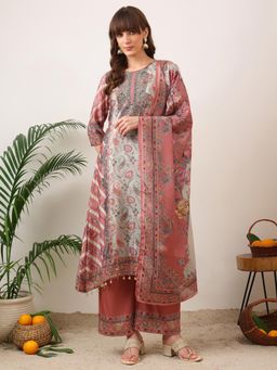 BERRYLICIOUS - Embroidered and Printed Asymmetric Kurta with Palazzo and Dupatta
