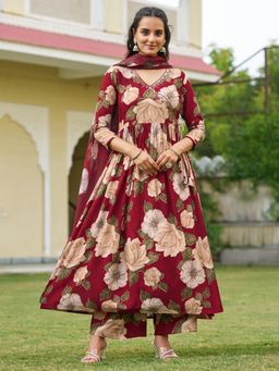 BERRYLICIOUS - Sequined Embroidered and Floral Angarkha Kurta with Pant and Dupatta
