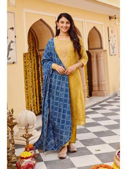 SAVI - Mustard Chanderi Embroidered Kurta and Pant With Dupatta