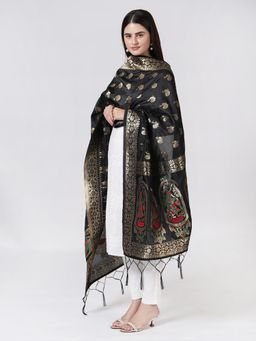 MUFFLY - Women's Woven Black Banarasi Silk Zari Dupatta