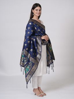 MUFFLY - Women's Woven Navi Blue Banarasi Silk Zari Dupatta