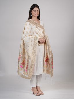 MUFFLY - Women's Woven Off White Banarasi Silk Zari Dupatta