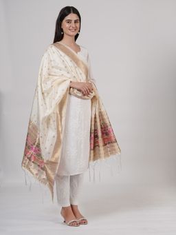 MUFFLY - Woven Paithani Banarasi Off White Silk Dupatta for Women