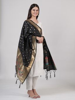 MUFFLY - Woven Paithani Banarasi Black Silk Dupatta for Women