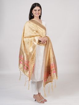 MUFFLY - Woven Paithani Banarasi Cream Silk Dupatta for Women