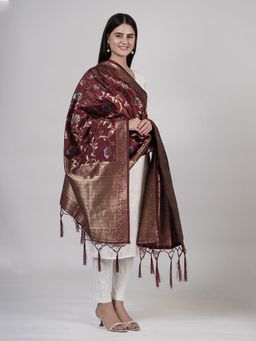 MUFFLY - Women's Floral Woven Maroon Silk Blend Dupatta
