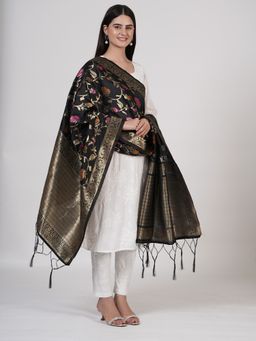 MUFFLY - Women's Floral Woven Black Silk Blend Dupatta