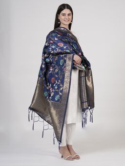 MUFFLY - Women's Floral Woven Navy Blue Silk Blend Dupatta