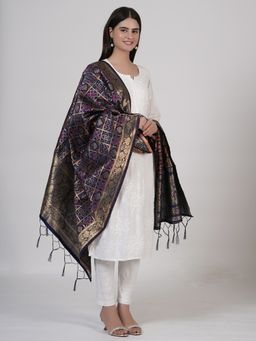 MUFFLY - Women's Woven Navy Blue Banarasi Silk Zari Dupatta