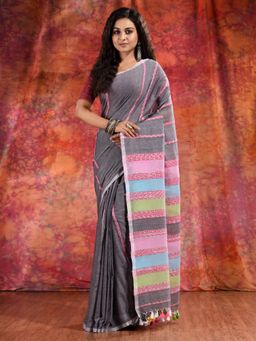 CHARUKRITI - Grey Cotton Khesh Soft Handwoven Saree and Unstitched Blouse