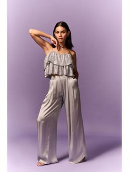 EMBLAZE - Grey Pleated Layered Top and Satin Pant (Set of 2)
