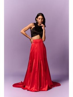 EMBLAZE - Black Solid Halter Neck Top with Red Skirt (Set of 2)