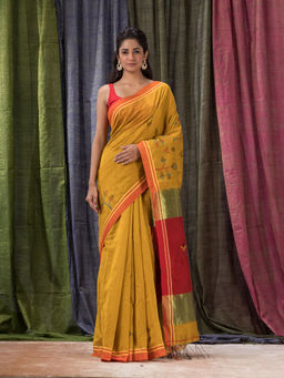 Angoshobha - Yellow Cotton Blended Traditional Jamdani Saree with Unstitched Blouse