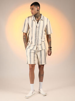 Campus Sutra - Men's Ivory White and Midnight Black Texture-Striped Co-Ord (Set of 2)