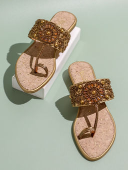 Inc.5 - Women Gold Party Flat Kolhapuri
