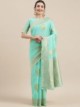 Sareemall - Womens Linen Sea Green Woven Design Woven Saree with Unstitched Blouse