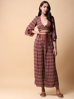 Aarke Ritu Kumar - Rust Geometric Wrap Top with Pant Co-Ord Set (Set of 2)
