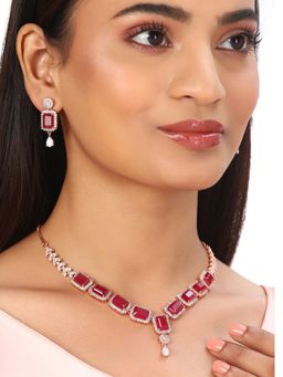 Voylla - American Diamond CZ Rose Gold Plated Pearl Necklace Red Stone (Set of 3)