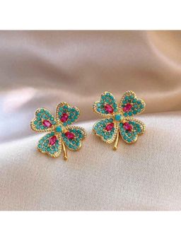 Amorenmore - Emerald Grace Clover Floral Gold Plated Stud Earrings