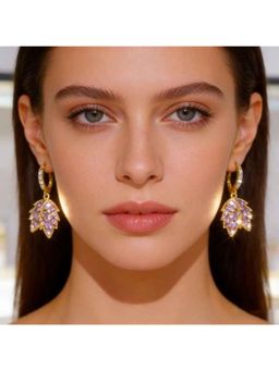 Amorenmore - Blush Aura Pink Zircon Leaf Gold Plated Drop Hoop Earrings
