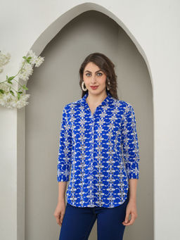 DEBONATELLA - Women Blue Self Design Schiffli Smart Casual Shirt