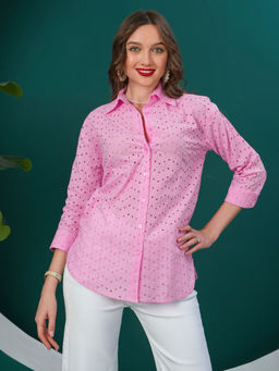 DEBONATELLA - Women Pink Self Design Schiffli Smart Casual Shirt