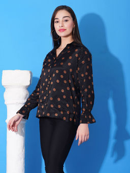 DEBONATELLA - Women Black Polka Dot Satin Smart Casual Shirt