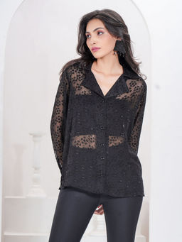 DEBONATELLA - Women Black Embroidered Smart Casual Shirt
