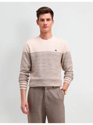 Buy Arrow Sports Colorblock Beige Full Sleeves Crew Neck Sweater (L) Online