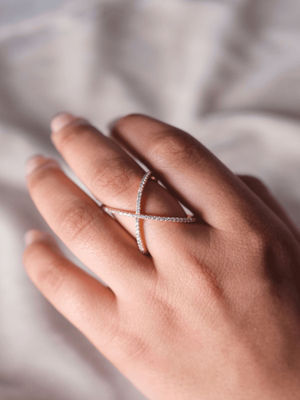 ANUSHKA JAIN JEWELLERY 925 Criss Cross Diamond Ring White styled with Rare Rabbit Auxfo Primary Orange Solid Shirt