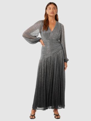 Silver Plisse Dress Never Fully Dressed Plisse Long Sleeve Maxi Dress,  Silver