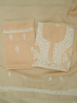 PARAMOUNT CHIKAN - Women Hand Embroidered Chikankari Beige Unstitched Dress Material (Set of 3)