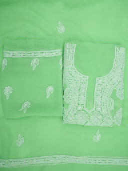 PARAMOUNT CHIKAN - Women Hand Embroidered Chikankari Light Green Unstitched Dress Material (Set of 3)
