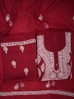 PARAMOUNT CHIKAN - Women Hand Embroidered Chikankari Maroon Unstitched Dress Material (Set of 3)