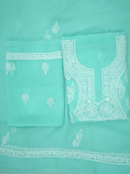 PARAMOUNT CHIKAN - Women Hand Embroidered Chikankari Turquoise Unstitched Dress Material (Set of 3)
