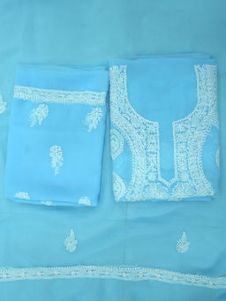 PARAMOUNT CHIKAN - Women Hand Embroidered Chikankari Sky Blue Unstitched Dress Material (Set of 3)
