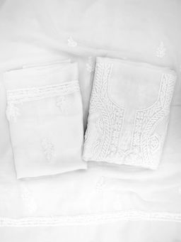 PARAMOUNT CHIKAN - Women Hand Embroidered Chikankari Off White Unstitched Dress Material (Set of 3)