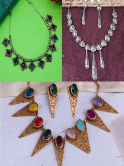 GRIIHAM - Women Multi-Color 3 Necklaces with 2 Pair Of Earrings