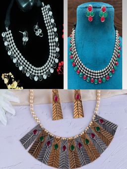 GRIIHAM - Women Multi-Color 3 Necklaces with 3 Pair Of Earrings