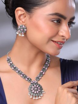 Yellow Chimes - Pink Stone Studded Oxidised Silver Jewellery Set