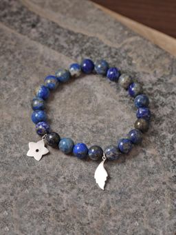 Ornate Jewels - Unisex 925 Silver Rhodium Plated Lapis Beads Stretchable Bracelet