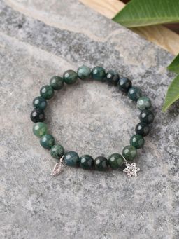 Ornate Jewels - Unisex 925 Silver Rhodium Plated Moss Agate Beads Stretchable Bracelet