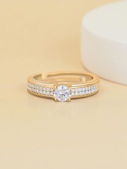 Ornate Jewels - 925 Silver 18K Gold Plated 1 Carat American Diamond Adjustable Ring for Women & Girls