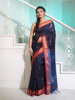 CHARUKRITI - Navy Blue Silk Matka Saree with Flower Motifs and Contrast Pallu with Unstitched Blouse