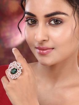 Saraf RS Jewellery - Rose Gold Plated Green Ad Encrusted Quirky Floral Finger Ring