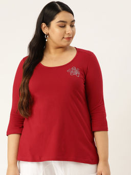 theRebelinme - Plus Size Womens Maroon Solid Color Round Neck Cotton 3/4th Sleeve T-Shirt