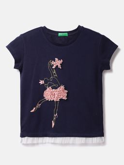 United Colors of Benetton - Cotton Printed Round Neck Girls Navy Blue T-shirts
