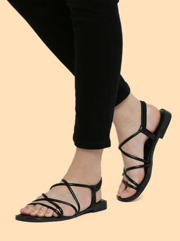 Twenty Dresses by Nykaa Fashion - Black Solid Criss Cross Straps Square Toe Flats