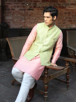 KISAH - Kurta And Churidar With Green Nehru Jacket (Set of 3)