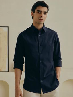 Andamen - Navy Blue Men Cotton Stretch Embroidered Regular Fit Shirt